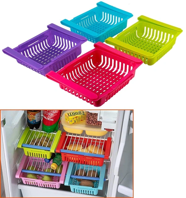 4 Pcs Expandable Adjustable Fridge Storage Basket Under Shelf Fridge Organiser Rack Space Saver Refrigerator Sliding Drawers (Adjustable...