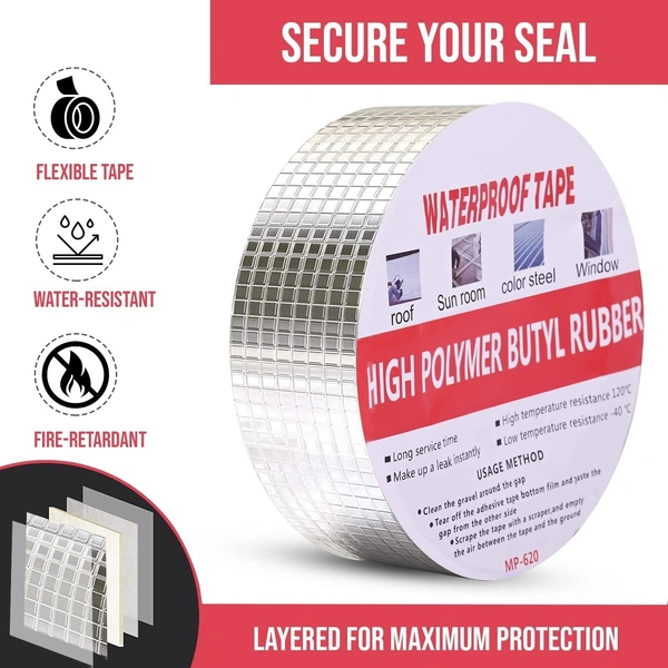 Leakage Repair Waterproof Duct Tape for Pipe & Roof Water Heavy Duty Leaks Solution Aluminum Foil Butyl Rubber Adhesive Sealing for Surface Cracks - Silver, 5 mtrs