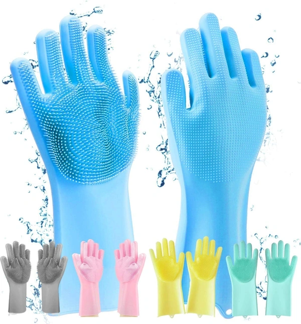 Silicone Dish Washing Gloves, Silicon Cleaning Gloves, Silicon Hand Gloves for Kitchen Dishwashing and Pet Grooming, Great for Washing Dish, Car, Bathroom (1 Pair,Assorted)