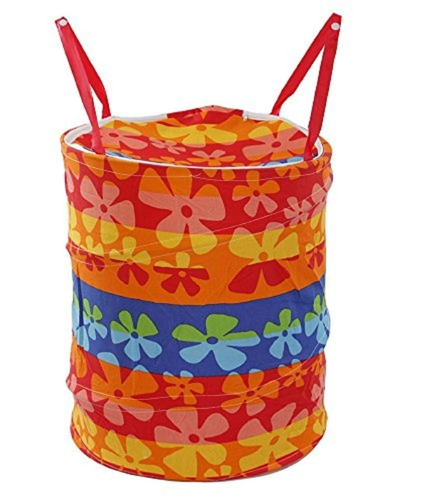 Round Laundry Organiser with Handles|Metalic Flower Print & Foldable|Size 35 x 35 x 43, Capicity 30L (Multi Color)
