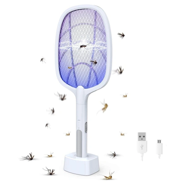 Mosquito-Bat-with-UV-Light-Lamp-Five-Nights-Mosquito-Killer-Autokill-2-in-1-Mosquito-Racket-1200mAh-Lithium-ion-Rechargeable-Battery-Handheld-Electric-Knife-Swatter-Racket-Wood-Board (White)