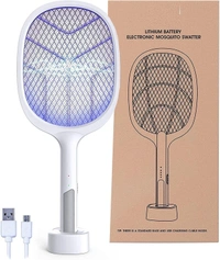 Mosquito-Bat-with-UV-Light-Lamp-Five-Nights-Mosquito-Killer-Autokill-2-in-1-Mosquito-Racket-1200mAh-Lithium-ion-Rechargeable-Battery-Handheld-Electric-Knife-Swatter-Racket-Wood-Board (White)