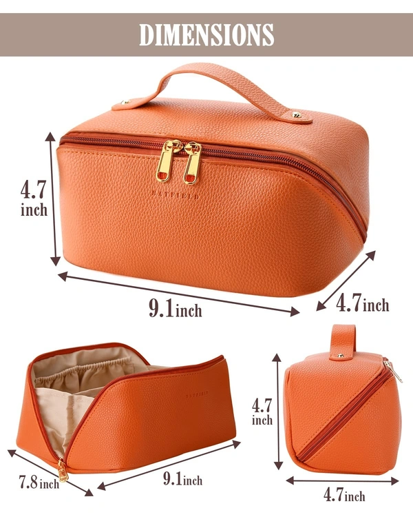 Cosmetic Bag for Women, Litchi PU Leather Makeup Pouch for Women, Large Capacity Cosmetic Travel Bag, Portable Makeup Kit Storage Bag with Handle and Divider, Makeup Organizer Bag