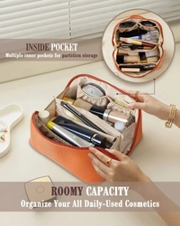 Cosmetic Bag for Women, Litchi PU Leather Makeup Pouch for Women, Large Capacity Cosmetic Travel Bag, Portable Makeup Kit Storage Bag with Handle and Divider, Makeup Organizer Bag