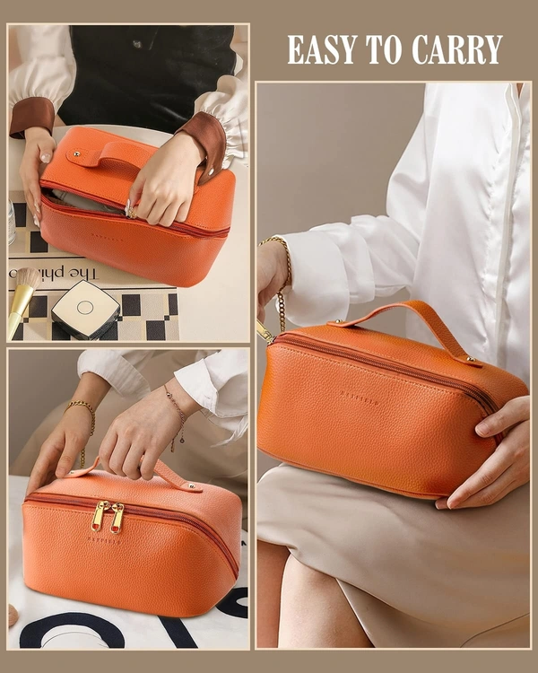 Cosmetic Bag for Women, Litchi PU Leather Makeup Pouch for Women, Large Capacity Cosmetic Travel Bag, Portable Makeup Kit Storage Bag with Handle and Divider, Makeup Organizer Bag