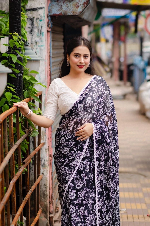 Soft Printed Saree - Navy Blue, Free