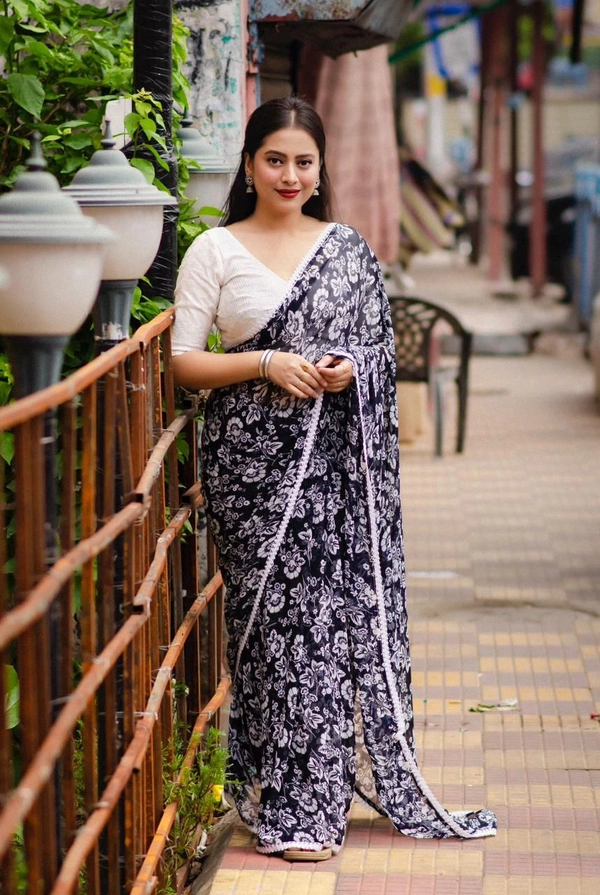 Soft Printed Saree - Navy Blue, Free