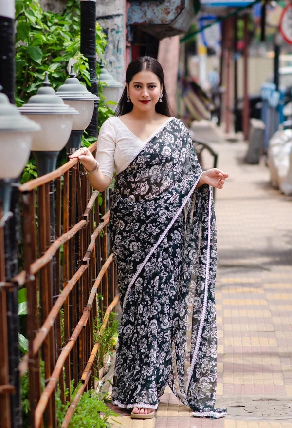 Soft Printed Saree - Navy Blue, Free