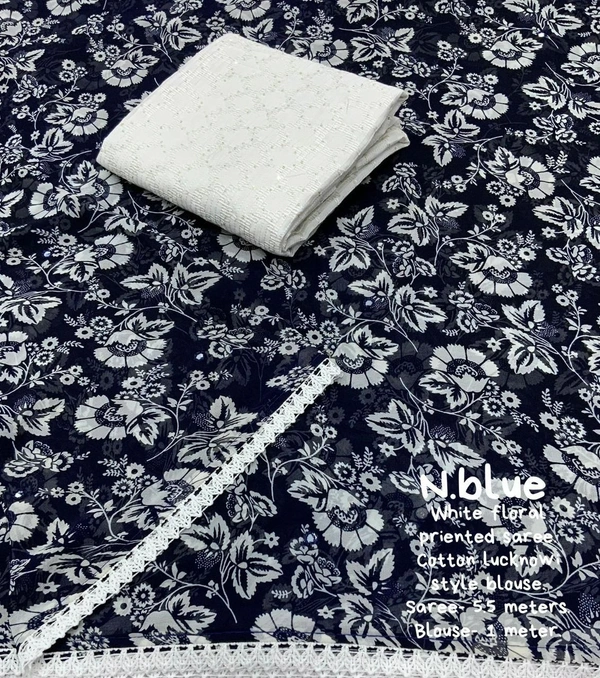 Soft Printed Saree - Navy Blue, Free