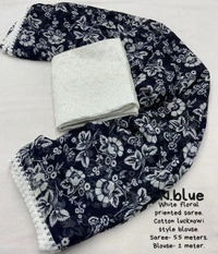 Soft Printed Saree - Navy Blue, Free