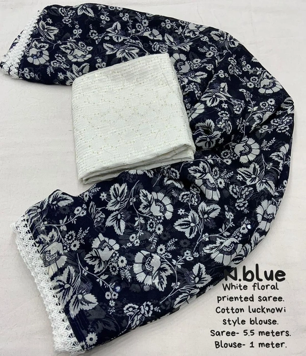 Soft Printed Saree - Navy Blue, Free