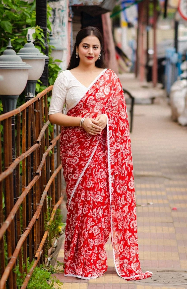 Soft Printed Saree - Red