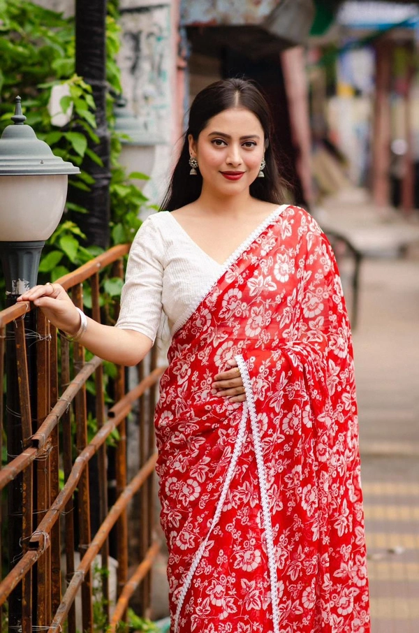 Soft Printed Saree - Red