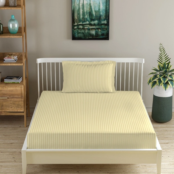 MORADO Premium Glace Cotton Stripe Single Fitted Bedsheet With 1 Pillow Covers for Home-Hotels-Guest House (36x72x8 Inches)