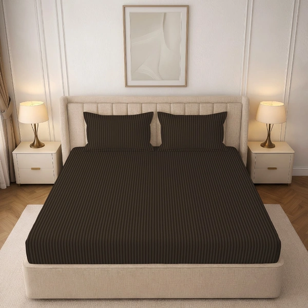 MORADO Premium Glace Cotton Stripe Double Flat Bedsheet With 2 Pillow Covers for Home-Hotels-Guest House (90x100 Inches)-Coffee