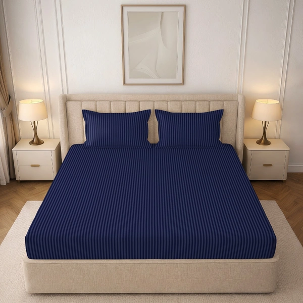 MORADO Premium Glace Cotton Stripe Double Flat Bedsheet With 2 Pillow Covers for Home-Hotels-Guest House (90x100 Inches)-Navyblue