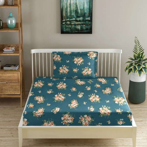 MORADO Premium Glace Cotton Single Fitted Bedsheet With 1 King Size Pillow Cover (36x72x8 Inches)-Teal