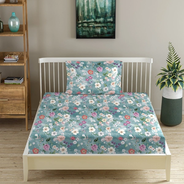 Morado MORADO Premium Glace Cotton Single Flat Bedsheet with 1 King Size Pillow Cover (60x90 Inches)-Blue - 60x90 inches