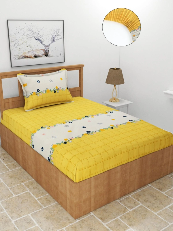 MORADO Premium Glace Cotton Elastic Fitted Single Bedsheet with 1 Pillow Cover (36x72x8 Inches)