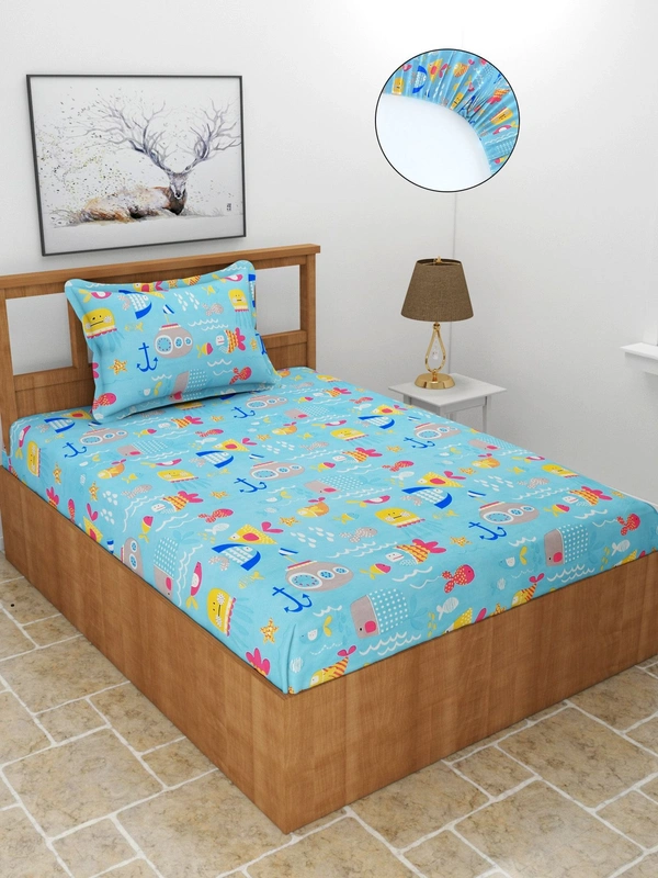 MORADO Premium Glace Cotton Elastic Fitted Single Bedsheet with 1 Pillow Cover (36x72x8 Inches)