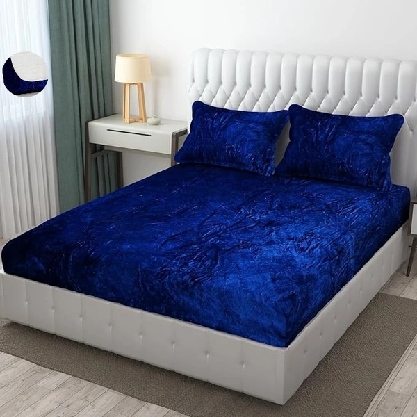 MORADO 190 GSM Flannel Super Soft Warm Elastic Fitted Double Bed Bedsheet with 2 Pillow Covers for Winters - 72x78x8 Inches, Navy Blue - 72x78x8 Inches, Navy Blue