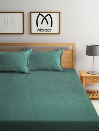 MORADO 190 GSM Flannel Super Soft Warm Elastic Fitted Double Bed Bedsheet with 2 Pillow Covers for Winters - 72x78x8 Inches, Olive Green - 72x78x8 Inches, Olive Green