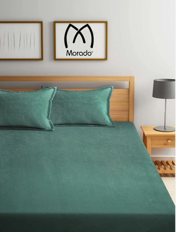 MORADO 190 GSM Flannel Super Soft Warm Elastic Fitted Double Bed Bedsheet with 2 Pillow Covers for Winters - 72x78x8 Inches, Olive Green - 72x78x8 Inches, Olive Green
