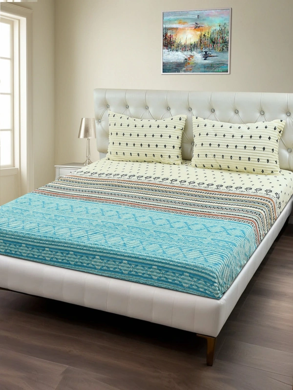 MORADO 190 GSM Flannel Super Soft Warm Elastic Fitted Double Bed Bedsheet with 2 Pillow Covers for Winters - 72x78x8 Inches, Sea Green - 72x78x8 Inches, Sea Green