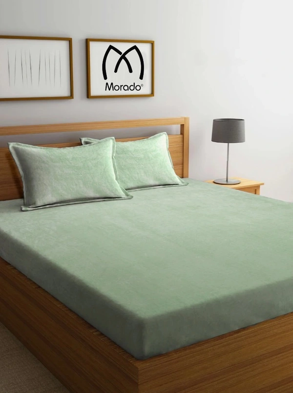 MORADO 190 GSM Flannel Super Soft Warm Elastic Fitted Double Bed Bedsheet with 2 Pillow Covers for Winters - 72x78x8 Inches, Sea Green - 72x78x8 Inches, Sea Green