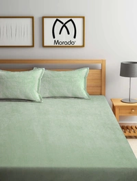 MORADO 190 GSM Flannel Super Soft Warm Elastic Fitted Double Bed Bedsheet with 2 Pillow Covers for Winters - 72x78x8 Inches, Sea Green - 72x78x8 Inches, Sea Green