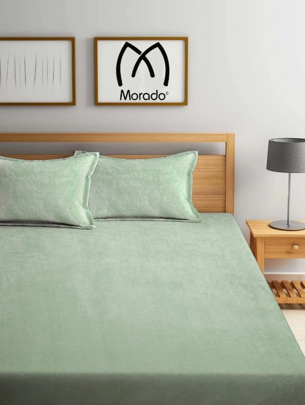 MORADO 190 GSM Flannel Super Soft Warm Elastic Fitted Double Bed Bedsheet with 2 Pillow Covers for Winters - 72x78x8 Inches, Sea Green - 72x78x8 Inches, Sea Green