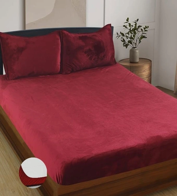 MORADO 190 GSM Flannel Super Soft Warm Elastic Fitted Double Bed Bedsheet with 2 Pillow Covers for Winters - 72x78x8 Inches, Vintage Maroon - 72x78x8 Inches, Vintage Maroon
