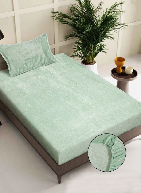 MORADO 190 GSM Flannel Super Soft Warm Elastic Fitted Single Bed Bedsheet with 1 Pillow Covers for Winters - 36x72x8 Inches, Sea Green - 36x72x8 Inches, Sea Green