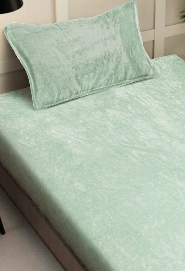 MORADO 190 GSM Flannel Super Soft Warm Elastic Fitted Single Bed Bedsheet with 1 Pillow Covers for Winters - 36x72x8 Inches, Sea Green - 36x72x8 Inches, Sea Green