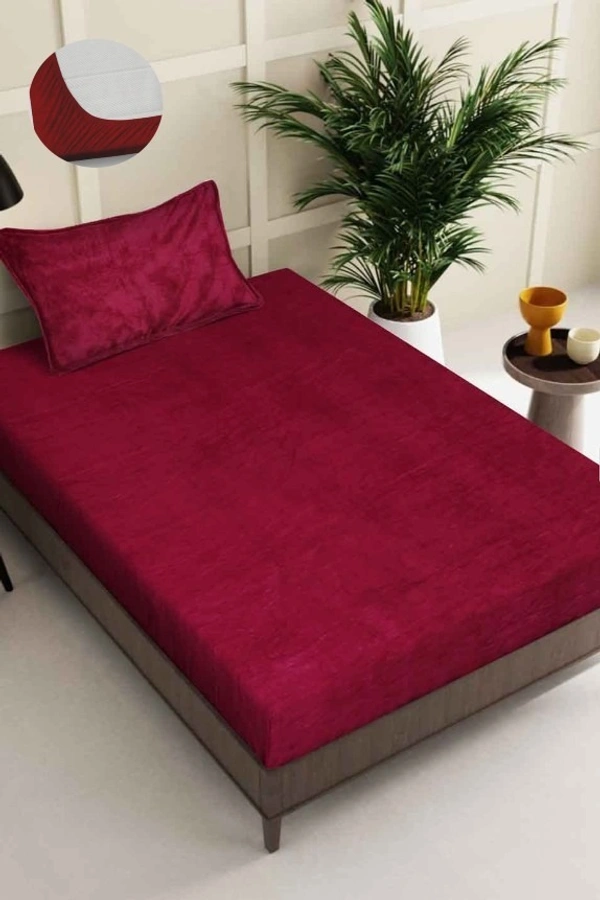 MORADO 190 GSM Flannel Super Soft Warm Elastic Fitted Single Bed Bedsheet with 1 Pillow Covers for Winters - 36x72x8 Inches, Vintage Meroon - 36x72x8 Inches, Vintage Meroon