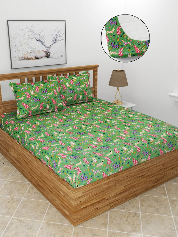 MORADO 190 GSM Flannel Super Soft Warm Elastic Fitted Double Bed Cartoon Print Bedsheet with 2 Pillow Covers for Winters - 72x78x8 Inches, Green - 72x78x8 Inches, Green