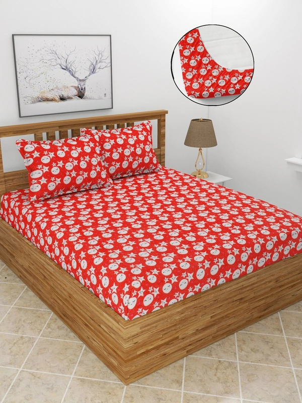MORADO 190 GSM Flannel Super Soft Warm Elastic Fitted Double Bed Cartoon Print Bedsheet with 2 Pillow Covers for Winters - 72x78x8 Inches, Red - 72x78x8 Inches, Red