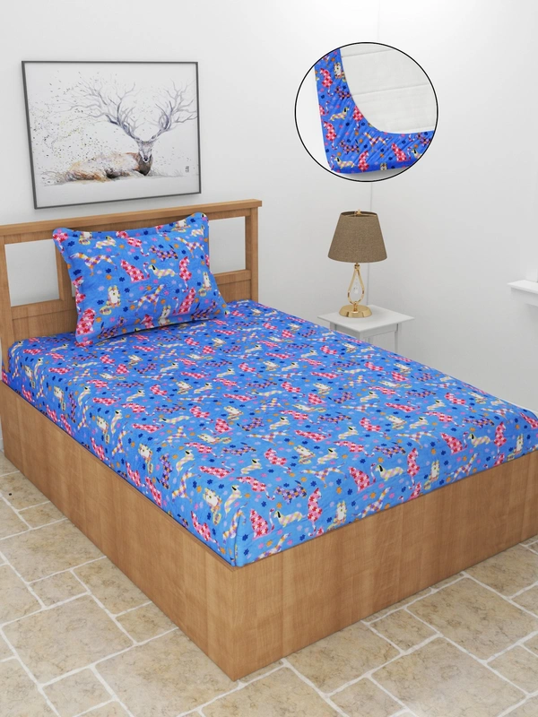 MORADO 190 GSM Flannel Super Soft Warm Elastic Fitted Single Bed Cartoon Print Bedsheet with 1 Pillow Covers for Winters - 36x72x8 Inches, Blue - 36x72x8 Inches, Blue