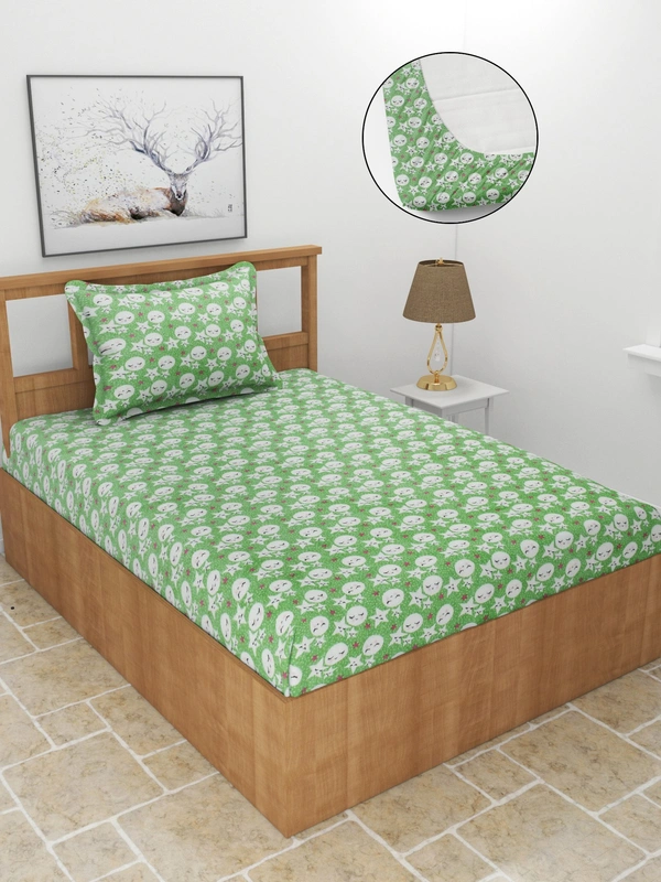 MORADO 190 GSM Flannel Super Soft Warm Elastic Fitted Single Bed Cartoon Print Bedsheet with 1 Pillow Covers for Winters - 36x72x8 Inches, Light Green - 36x72x8 Inches, Light Green