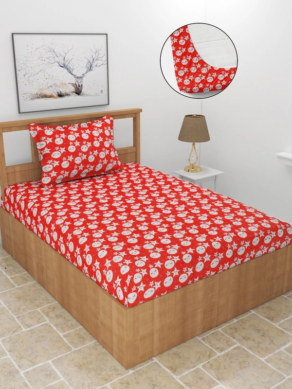 MORADO 190 GSM Flannel Super Soft Warm Elastic Fitted Single Bed Cartoon Print Bedsheet with 1 Pillow Covers for Winters - 36x72x8 Inches, Red - 36x72x8 Inches, Red