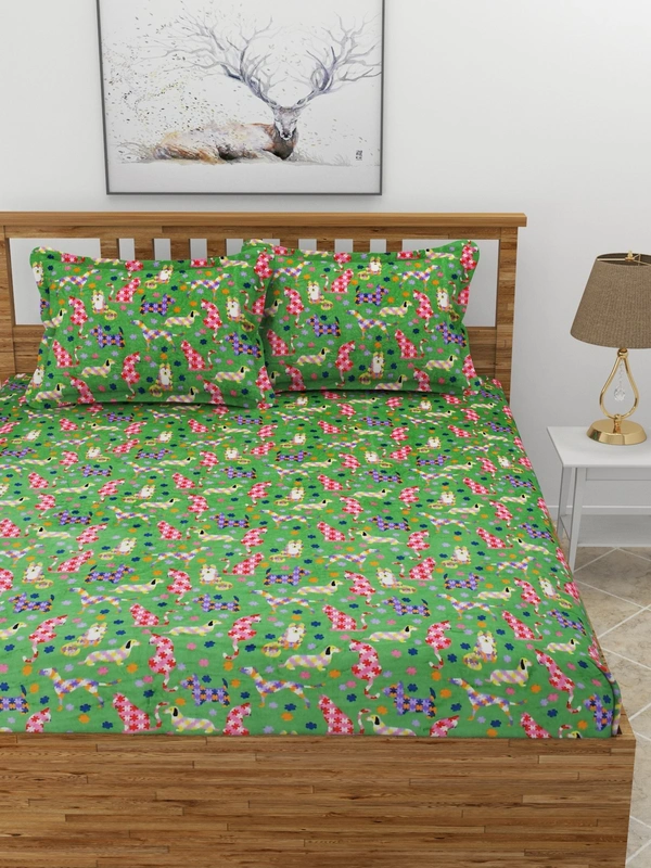MORADO 190 GSM Flannel Super Soft Warm Elastic Fitted Double Bed Cartoon Print Bedsheet with 2 Pillow Covers for Winters - 72x78x8 Inches, Green - 72x78x8 Inches, Green