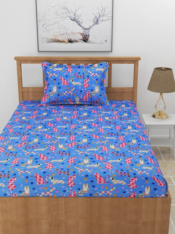 MORADO 190 GSM Flannel Super Soft Warm Elastic Fitted Single Bed Cartoon Print Bedsheet with 1 Pillow Covers for Winters - 36x72x8 Inches, Blue - 36x72x8 Inches, Blue