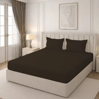 MORADO Premium Glace Cotton Stripe Double Flat Bedsheet With 2 Pillow Covers for Home-Hotels-Guest House (90x100 Inches)-Coffee