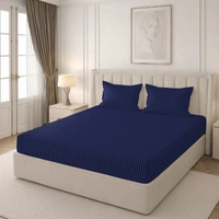 MORADO Premium Glace Cotton Stripe Double Flat Bedsheet With 2 Pillow Covers for Home-Hotels-Guest House (90x100 Inches)-Navyblue