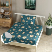 MORADO Premium Glace Cotton Single Fitted Bedsheet With 1 King Size Pillow Cover (36x72x8 Inches)-Teal