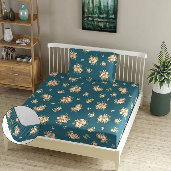 MORADO Premium Glace Cotton Single Fitted Bedsheet With 1 King Size Pillow Cover (36x72x8 Inches)-Teal