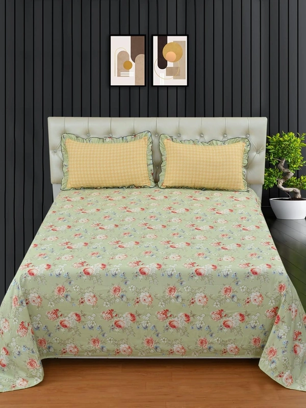 MORADO Glace Cotton King Size Bedsheet with 2 Pillow Covers with Frill PoppyFlowerComb  (108x108, Inches) - 108x108 Inches, light pastel green