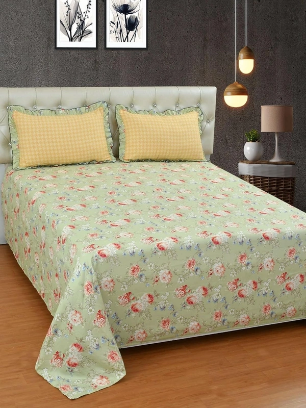 MORADO Glace Cotton King Size Bedsheet with 2 Pillow Covers with Frill PoppyFlowerComb  (108x108, Inches) - 108x108 Inches, light pastel green
