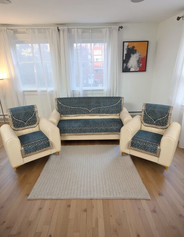 MORADO 5 Seater Sofa Cover Sofa Panel Premium Quality, Chenille for Ultimate Protection and Style Durable, 3+1+1 Settee Slipcover in Navy blue with golden beige - Navy blue with golden beige