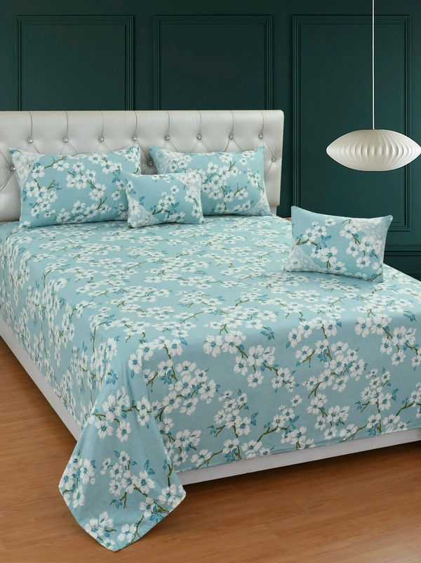 MORADO Glace Cotton 5 Pcs Bedding Set with Net Lace | Queen Size Double Bedsheet with 2 Pillow Covers and 2 Filled Breakfast Pillows - 90x100 Inches, Blue - 90x100 Inches, Blue